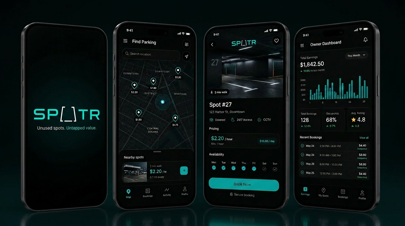 SPOTR app screens: splash, map, spot details, owner dashboard