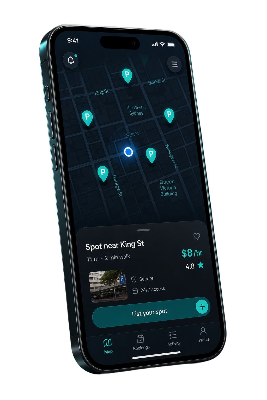 SPOTR app on iPhone showing parking map